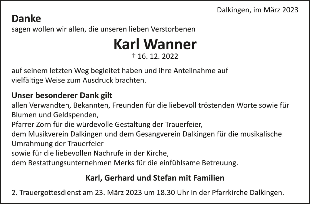  Traueranzeige für Karl Wanner vom 18.03.2023 aus Schwäbische Zeitung