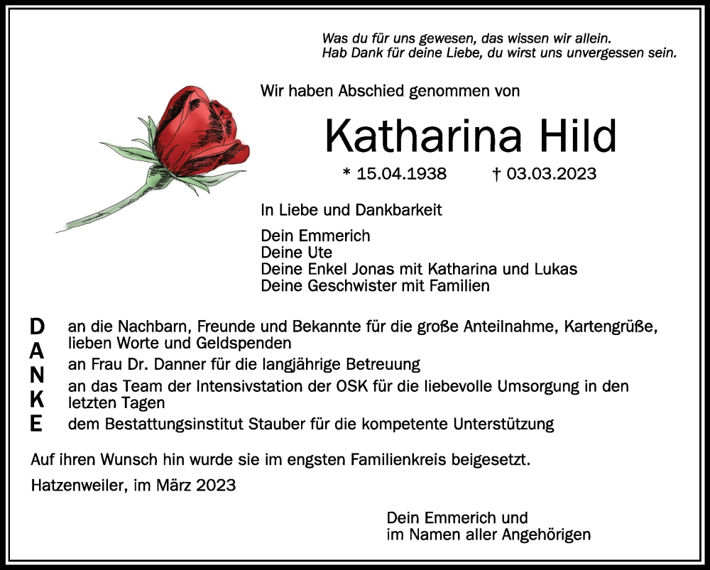  Traueranzeige für Katharina Hild vom 25.03.2023 aus Schwäbische Zeitung