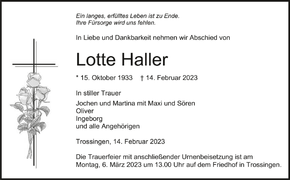  Traueranzeige für Lotte Haller vom 03.03.2023 aus Schwäbische Zeitung