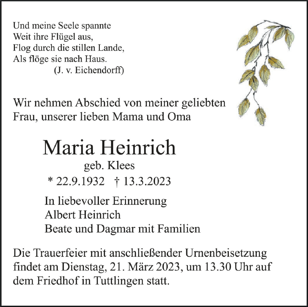  Traueranzeige für Maria Heinrich vom 17.03.2023 aus Schwäbische Zeitung