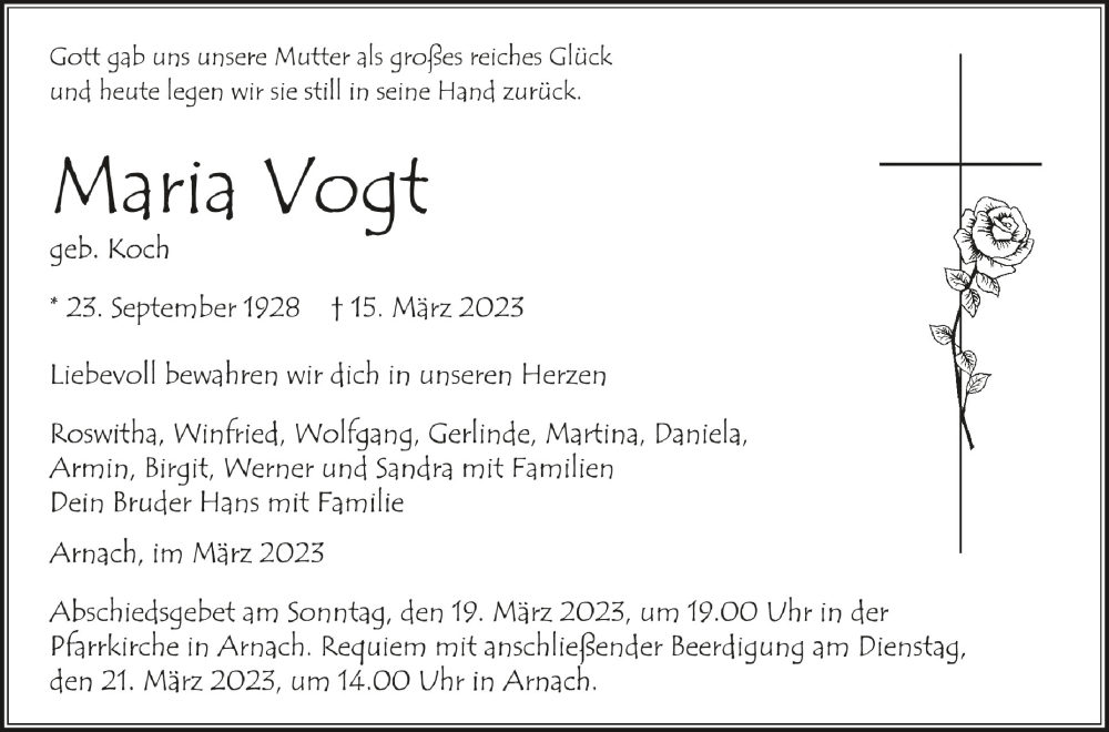  Traueranzeige für Maria Vogt vom 18.03.2023 aus Schwäbische Zeitung