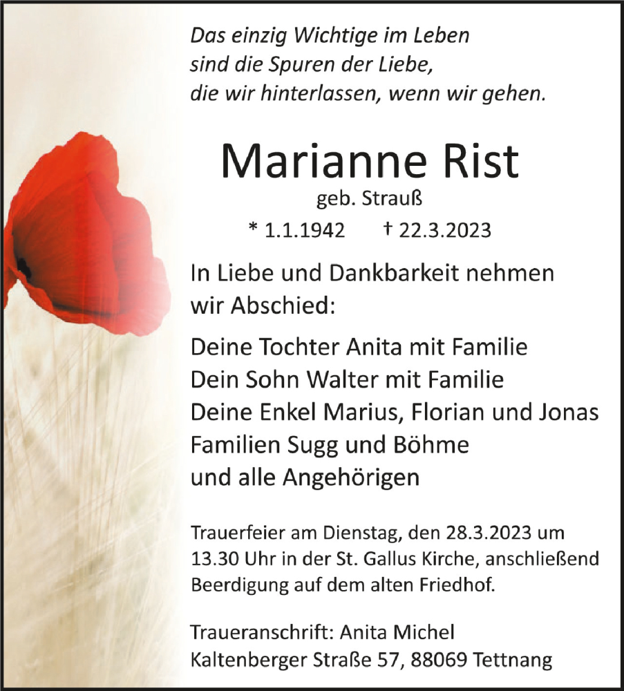  Traueranzeige für Marianne Rist vom 25.03.2023 aus Schwäbische Zeitung