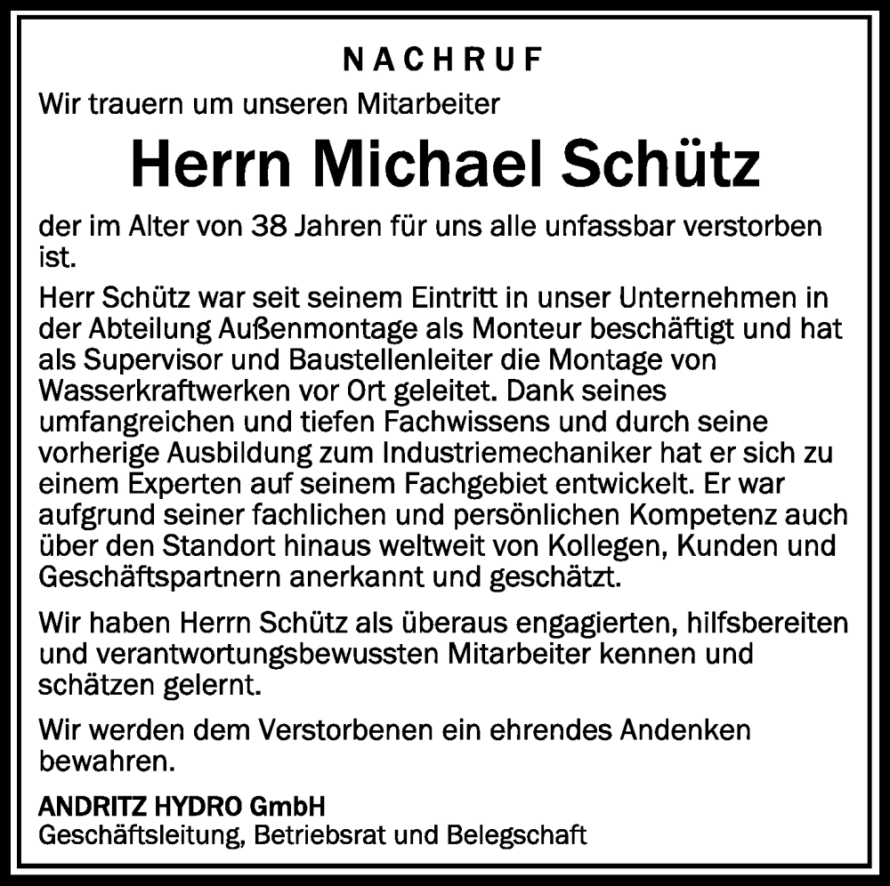  Traueranzeige für Michael Schütz vom 29.03.2023 aus Schwäbische Zeitung