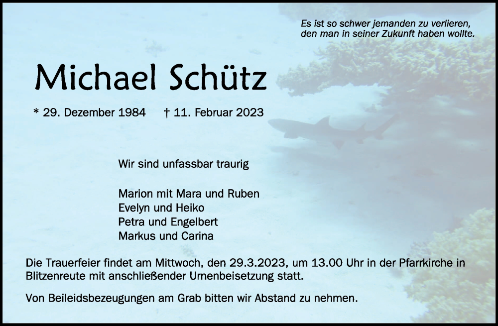  Traueranzeige für Michael Schütz vom 22.03.2023 aus Schwäbische Zeitung