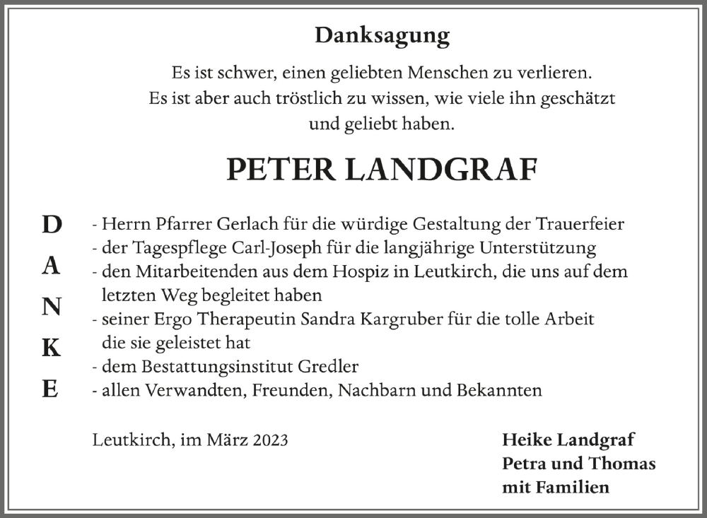  Traueranzeige für Peter Landgraf vom 11.03.2023 aus Schwäbische Zeitung