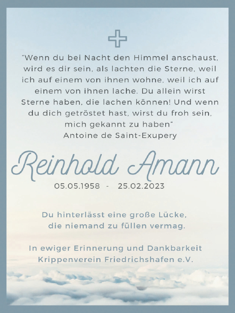  Traueranzeige für Reinhold Amann vom 18.03.2023 aus Schwäbische Zeitung