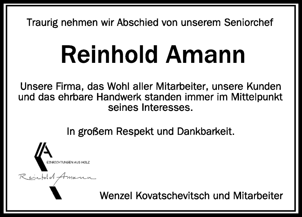  Traueranzeige für Reinhold Amann vom 15.03.2023 aus Schwäbische Zeitung