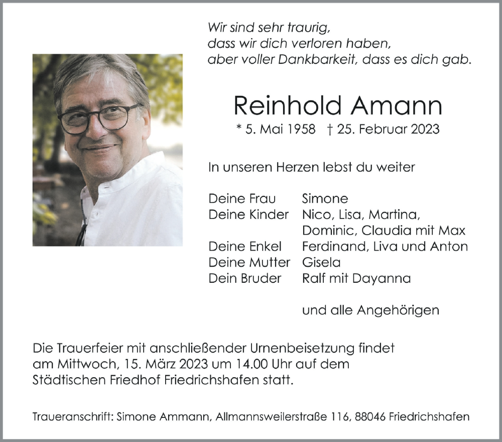  Traueranzeige für Reinhold Amann vom 04.03.2023 aus Schwäbische Zeitung