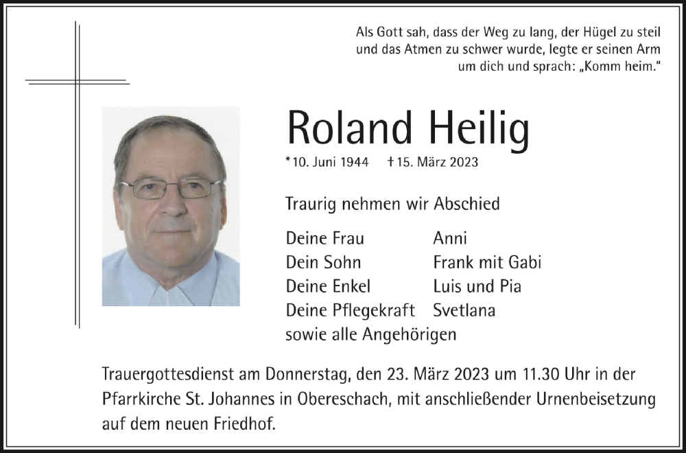  Traueranzeige für Roland Heilig vom 18.03.2023 aus Schwäbische Zeitung