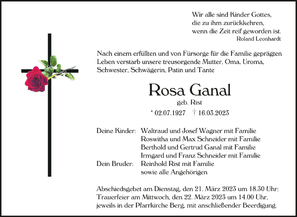  Traueranzeige für Rosa Ganal vom 18.03.2023 aus Schwäbische Zeitung