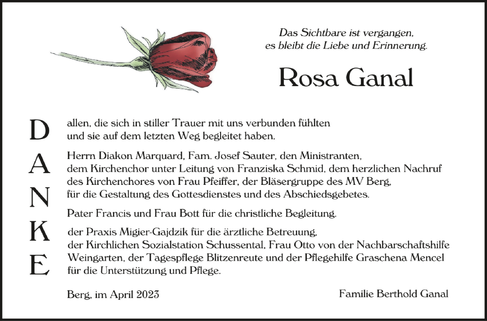  Traueranzeige für Rosa Ganal vom 01.04.2023 aus Schwäbische Zeitung
