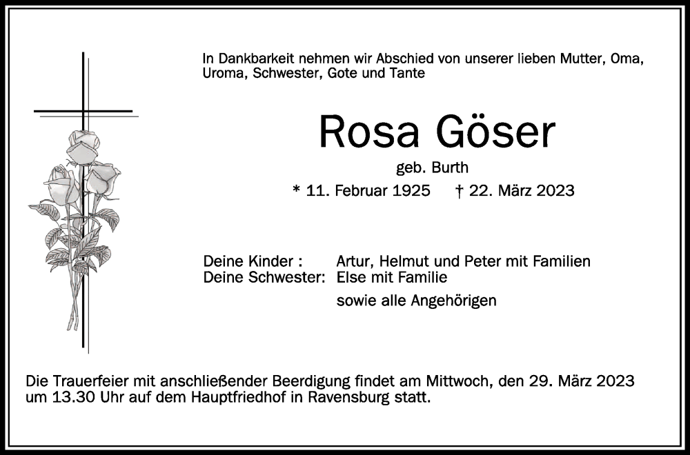  Traueranzeige für Rosa Göser vom 25.03.2023 aus Schwäbische Zeitung