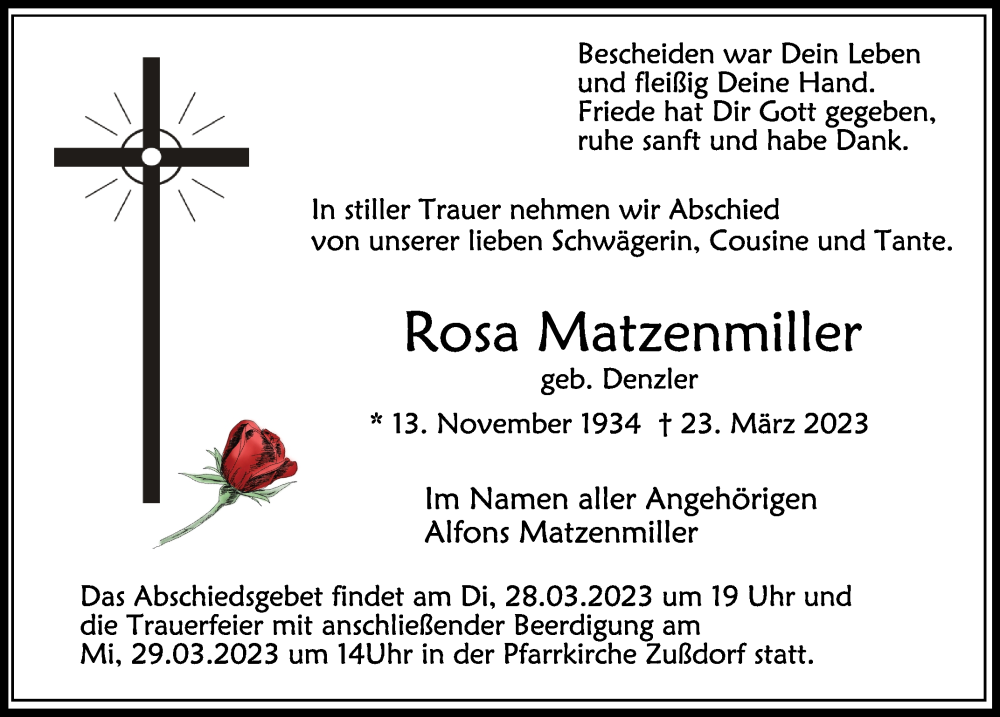  Traueranzeige für Rosa Matzenmiller vom 27.03.2023 aus Schwäbische Zeitung