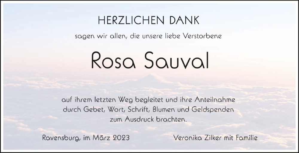  Traueranzeige für Rosa Sauval vom 25.03.2023 aus Schwäbische Zeitung