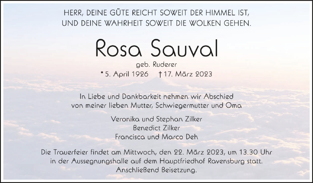 Traueranzeige für Rosa Sauval vom 18.03.2023 aus Schwäbische Zeitung