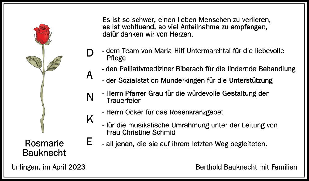  Traueranzeige für Rosmarie Bauknecht vom 01.04.2023 aus Schwäbische Zeitung
