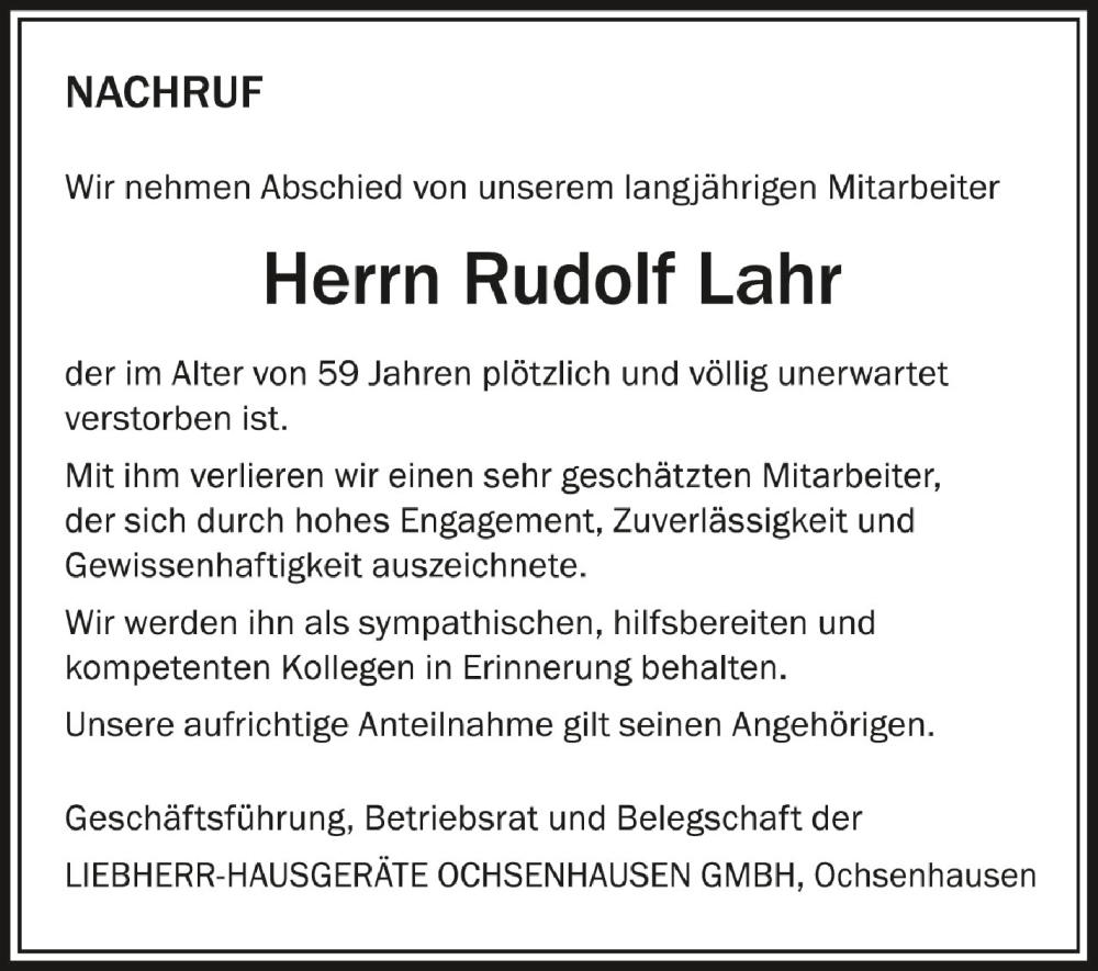  Traueranzeige für Rudolf Lahr vom 17.03.2023 aus Schwäbische Zeitung