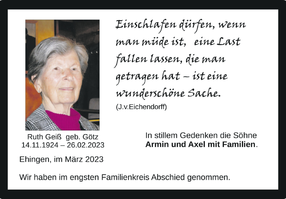 Traueranzeigen von Ruth Geiß | schwaebische.de Trauerportal