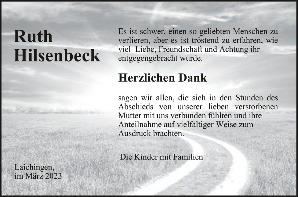  Traueranzeige für Ruth Hilsenbeck vom 30.03.2023 aus Schwäbische Zeitung