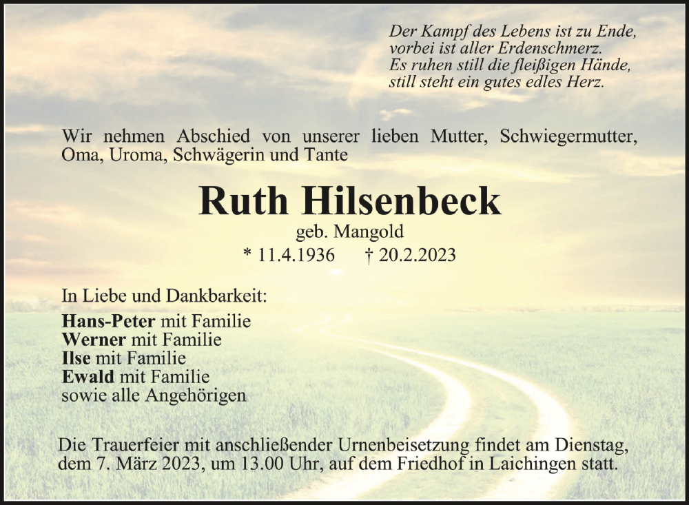  Traueranzeige für Ruth Hilsenbeck vom 02.03.2023 aus Schwäbische Zeitung