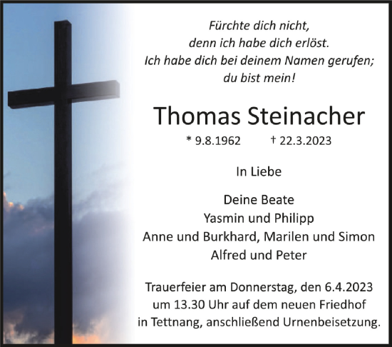 Anzeige von Thomas Steinacher von Schwäbische Zeitung
