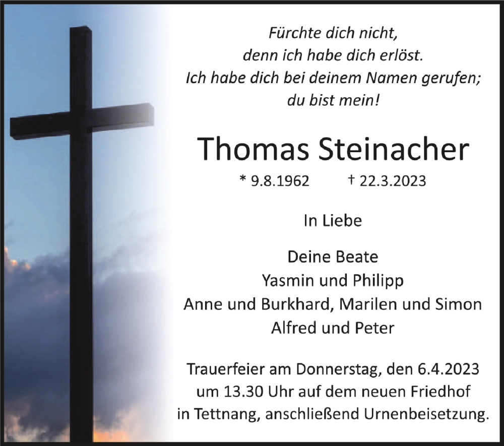  Traueranzeige für Thomas Steinacher vom 25.03.2023 aus Schwäbische Zeitung