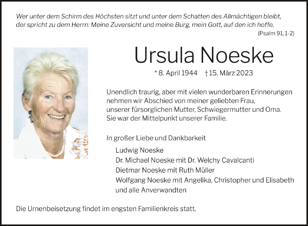  Traueranzeige für Ursula Noeske vom 18.03.2023 aus Schwäbische Zeitung