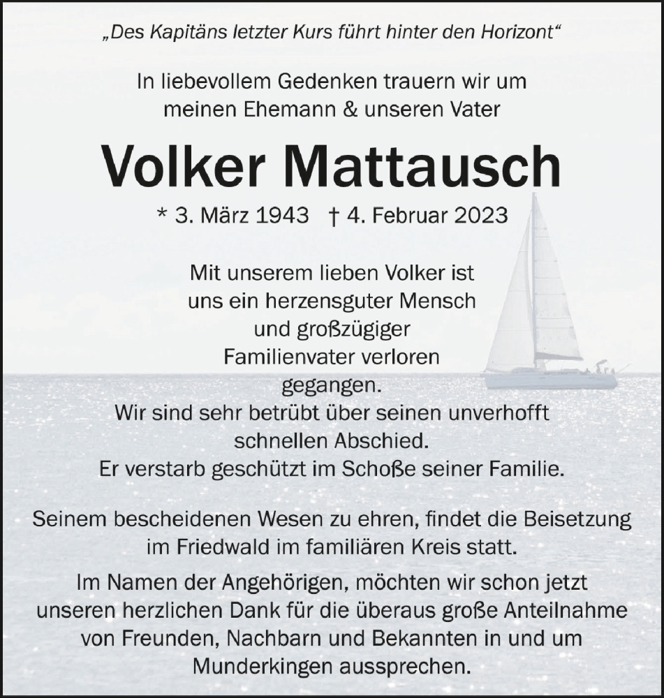  Traueranzeige für Volker Mattausch vom 04.03.2023 aus Schwäbische Zeitung