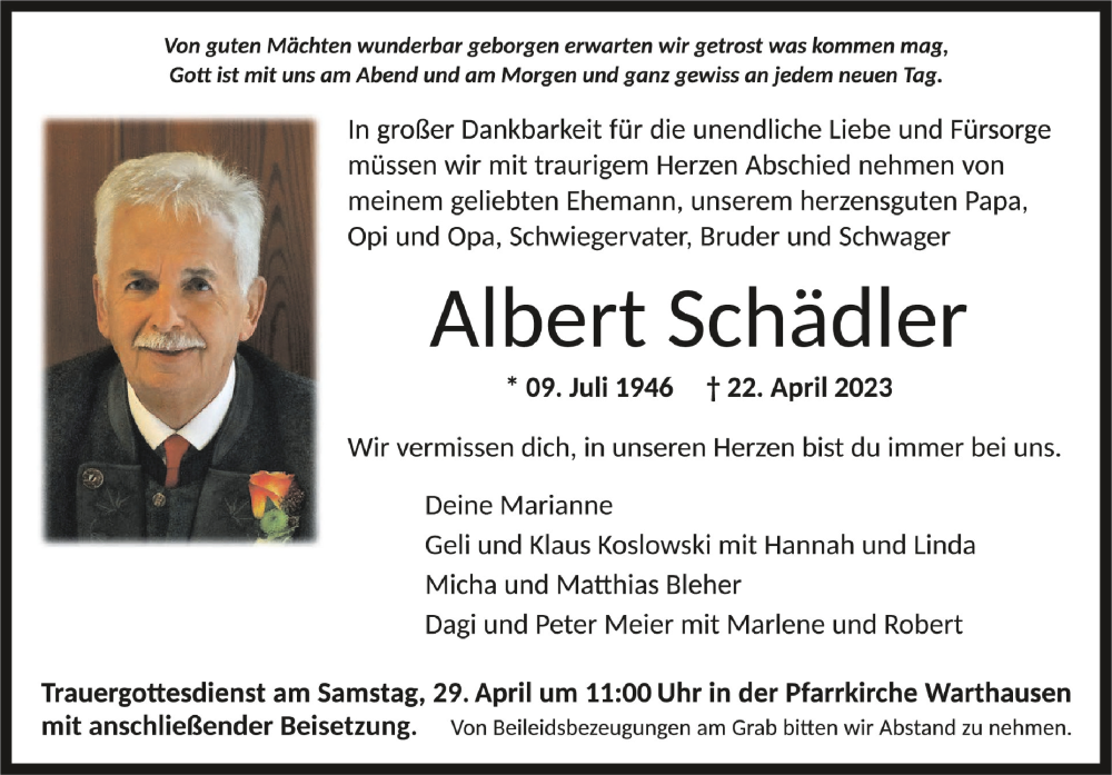  Traueranzeige für Albert Schädler vom 27.04.2023 aus Schwäbische Zeitung