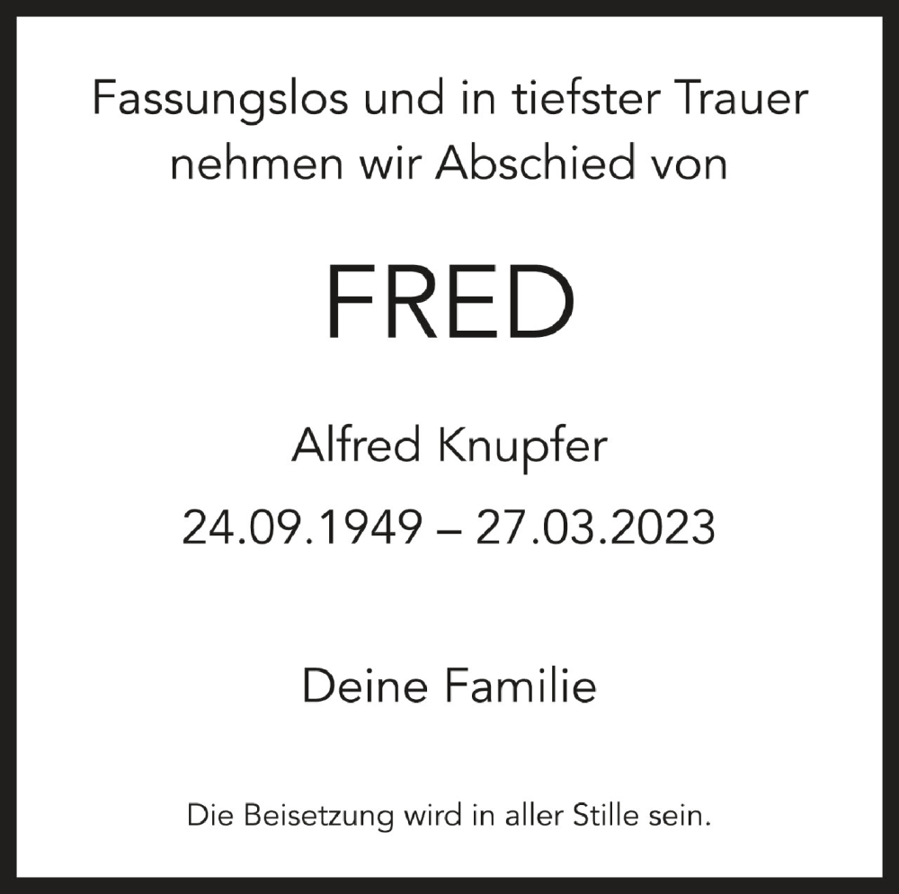  Traueranzeige für Alfred Knupfer vom 04.04.2023 aus Schwäbische Zeitung