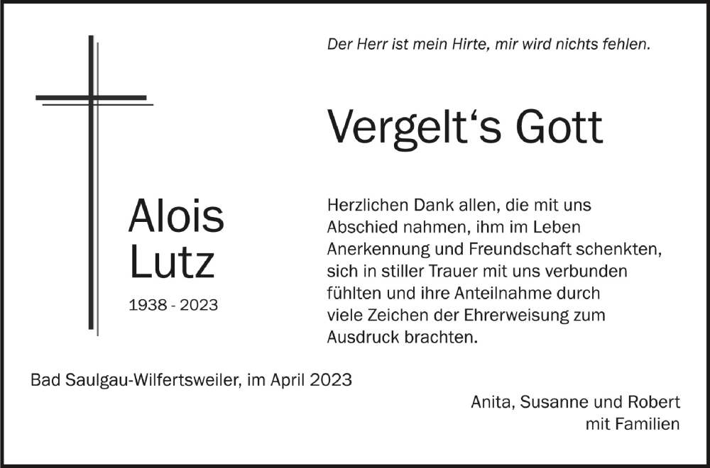  Traueranzeige für Alois Lutz vom 22.04.2023 aus Schwäbische Zeitung