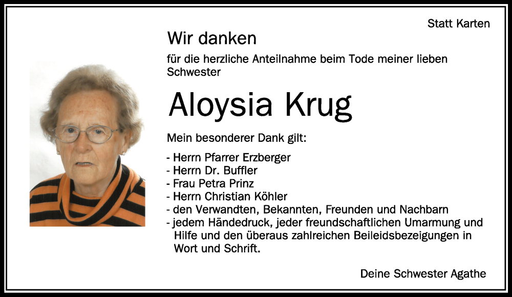  Traueranzeige für Aloysia Krug vom 08.04.2023 aus Schwäbische Zeitung