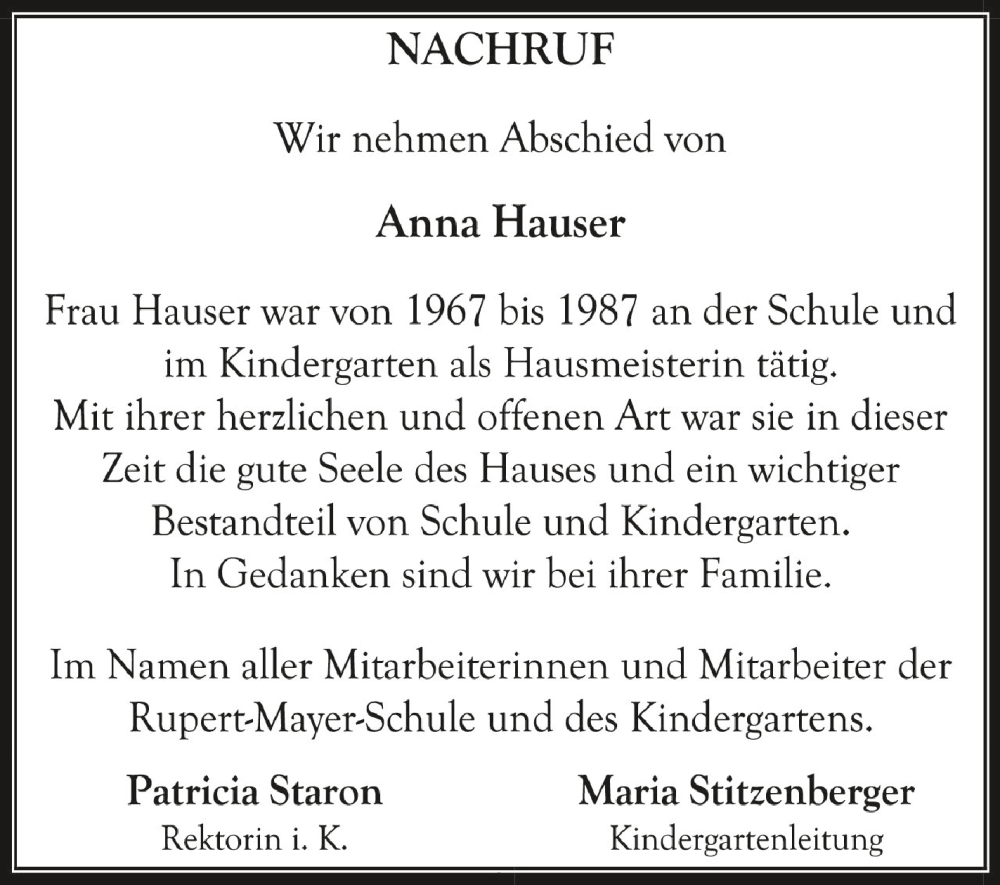  Traueranzeige für Anna Hauser vom 04.04.2023 aus Schwäbische Zeitung