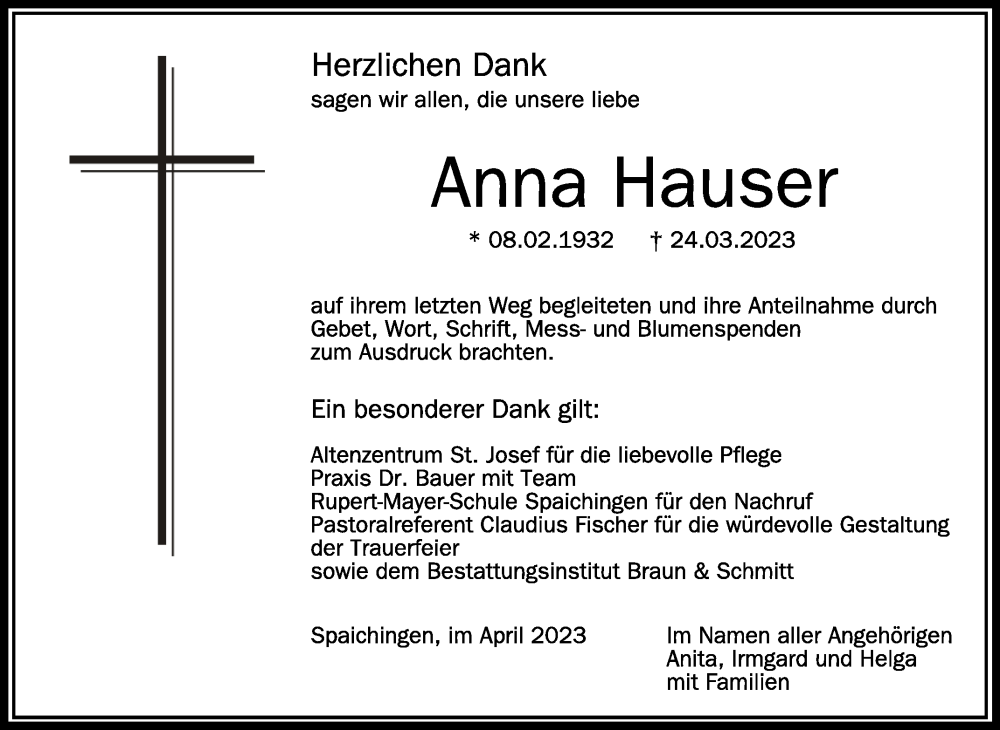  Traueranzeige für Anna Hauser vom 15.04.2023 aus Schwäbische Zeitung