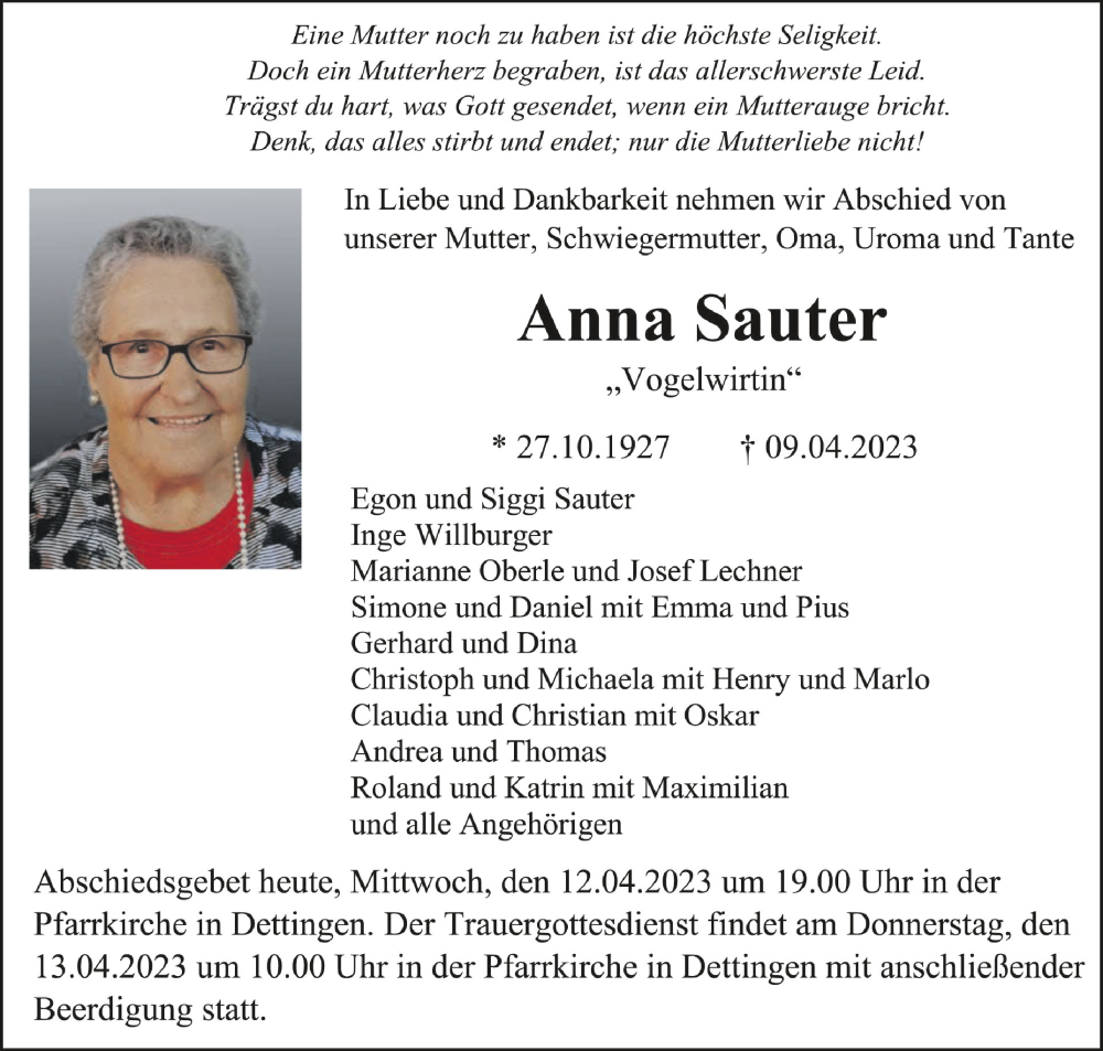  Traueranzeige für Anna Sauter vom 12.04.2023 aus Schwäbische Zeitung