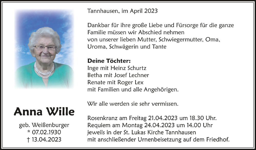  Traueranzeige für Anna Wille vom 19.04.2023 aus Schwäbische Zeitung