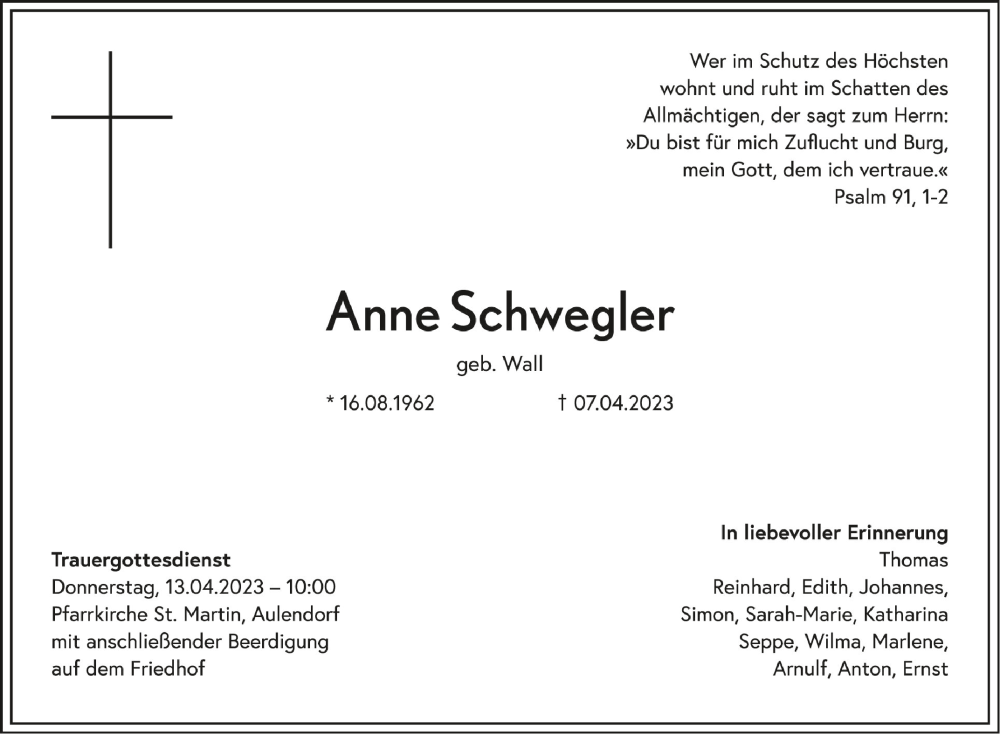  Traueranzeige für Anne Schwegler vom 12.04.2023 aus Schwäbische Zeitung