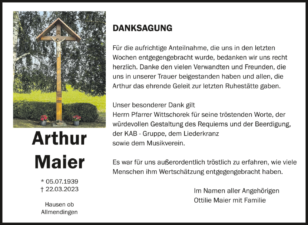  Traueranzeige für Arthur Maier vom 22.04.2023 aus Schwäbische Zeitung
