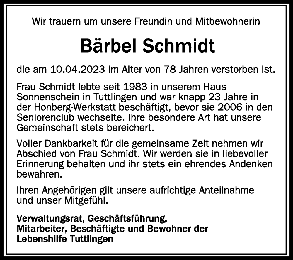  Traueranzeige für Bärbel Schmidt vom 19.04.2023 aus Schwäbische Zeitung