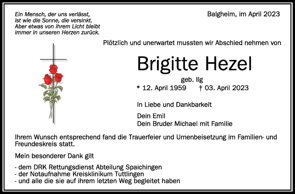  Traueranzeige für Brigitte Hezel vom 15.04.2023 aus Schwäbische Zeitung