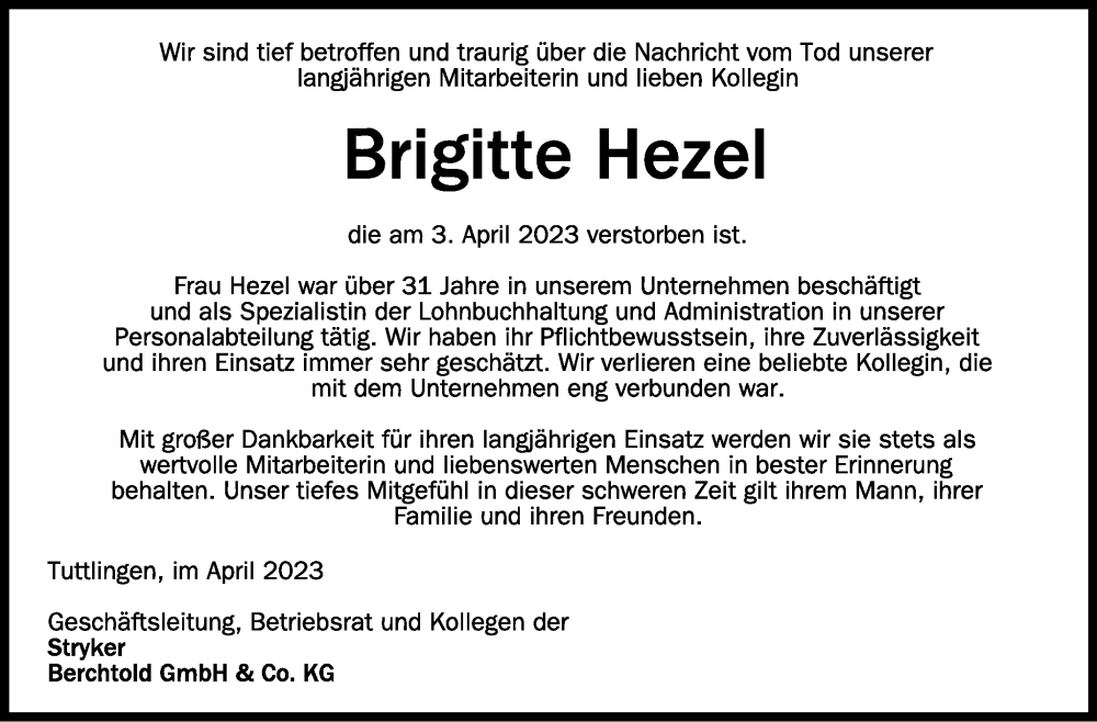  Traueranzeige für Brigitte Hezel vom 15.04.2023 aus Schwäbische Zeitung