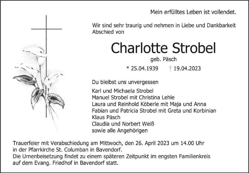 Traueranzeigen Von Charlotte Strobel Schwaebische De Trauerportal