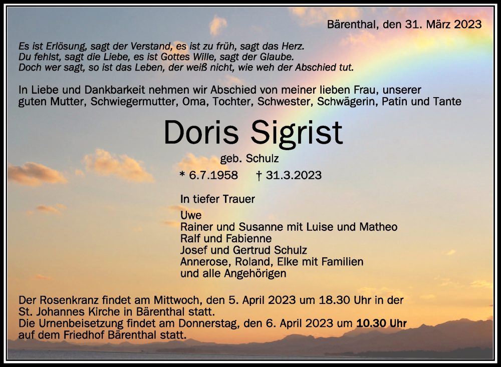  Traueranzeige für Doris Sigrist vom 04.04.2023 aus Schwäbische Zeitung