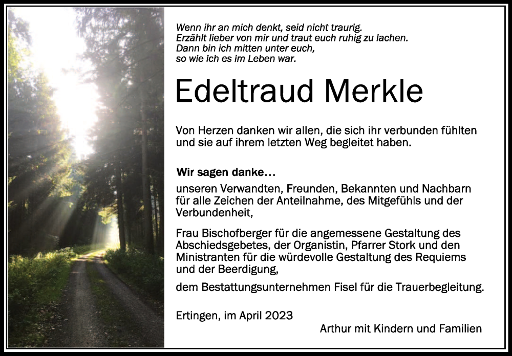  Traueranzeige für Edeltraud Merkle vom 13.04.2023 aus Schwäbische Zeitung