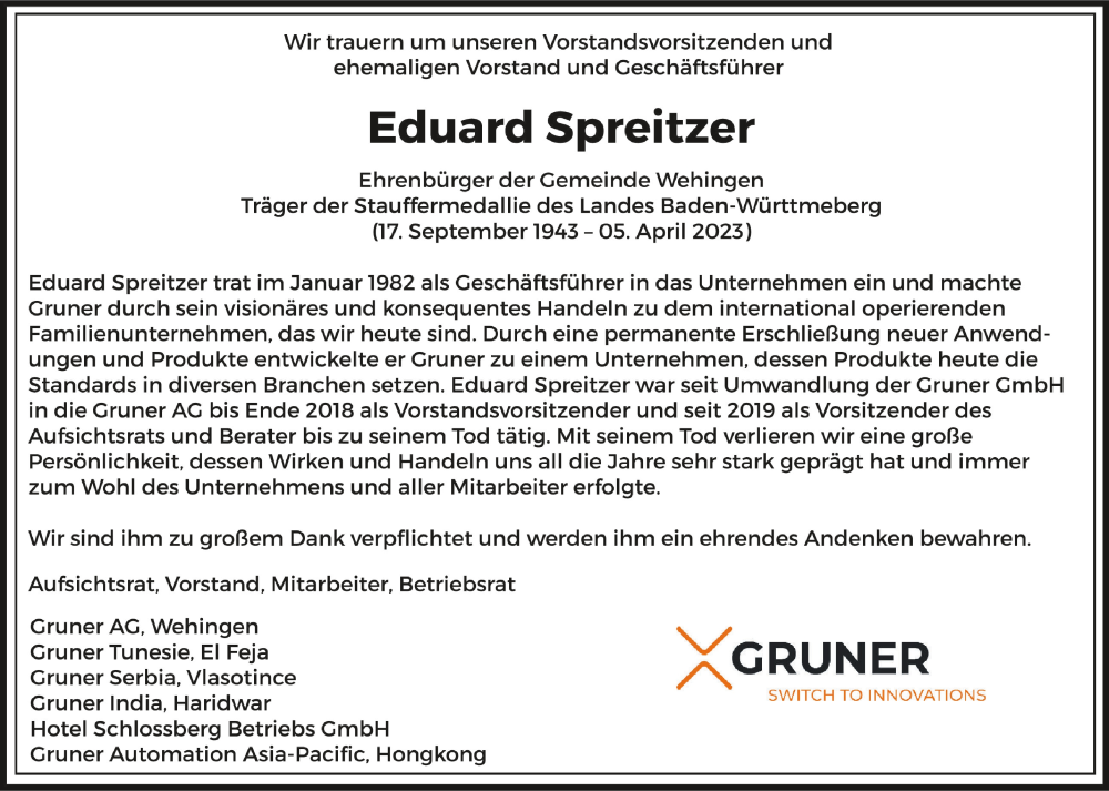  Traueranzeige für Eduard Spreitzer vom 12.04.2023 aus Schwäbische Zeitung