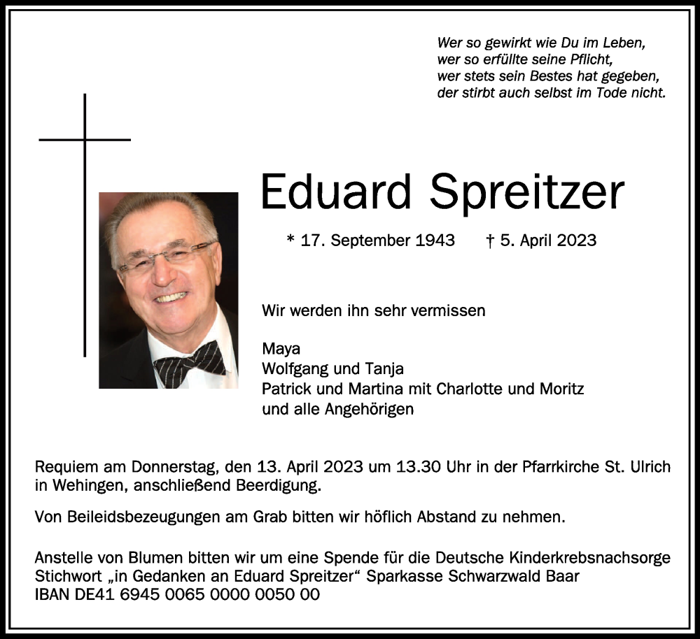  Traueranzeige für Eduard Spreitzer vom 11.04.2023 aus Schwäbische Zeitung