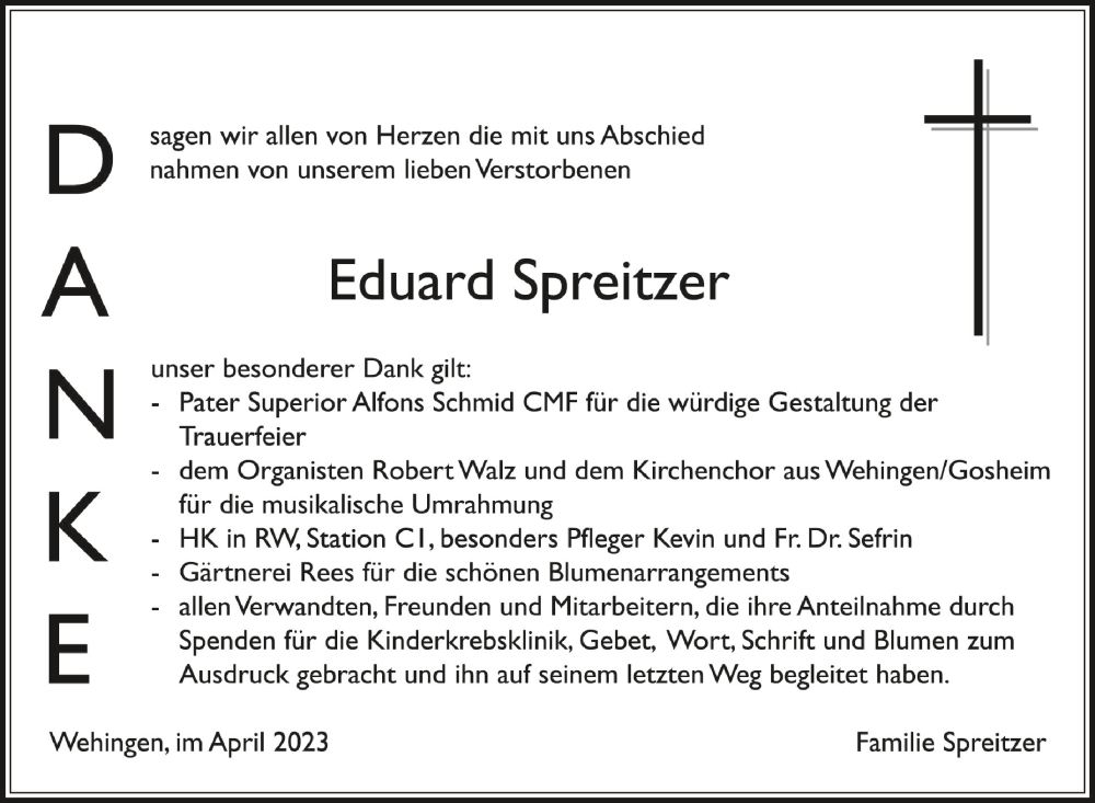  Traueranzeige für Eduard Spreitzer vom 27.04.2023 aus Schwäbische Zeitung