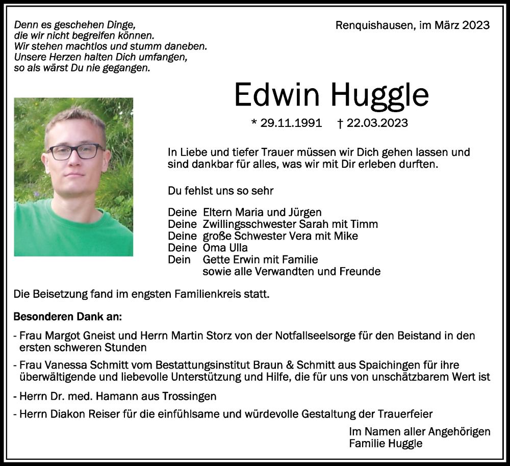  Traueranzeige für Edwin Huggle vom 08.04.2023 aus Schwäbische Zeitung
