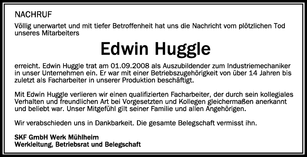  Traueranzeige für Edwin Huggle vom 12.04.2023 aus Schwäbische Zeitung