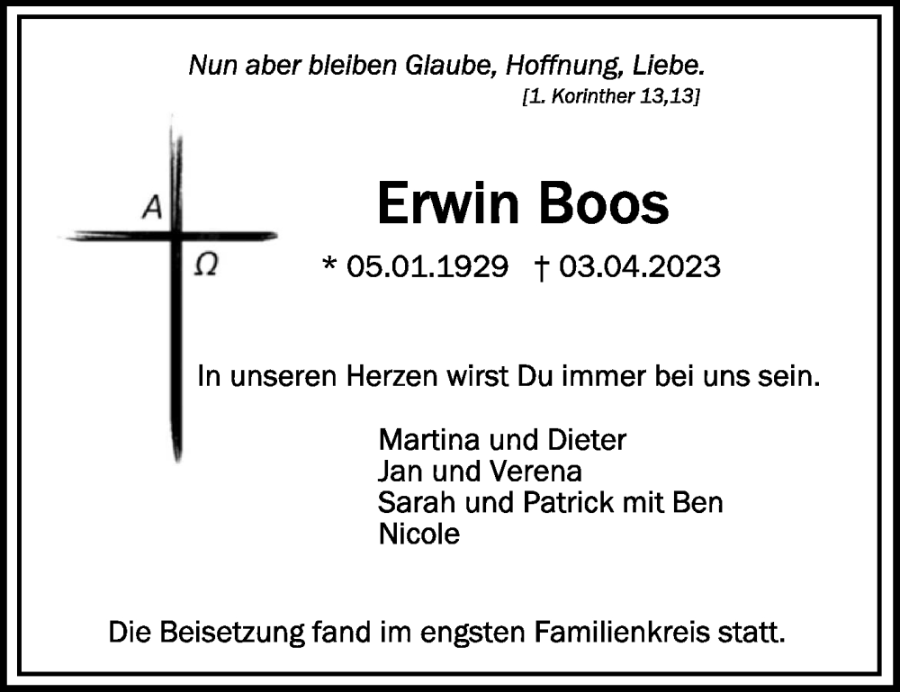  Traueranzeige für Erwin Boos vom 22.04.2023 aus Schwäbische Zeitung